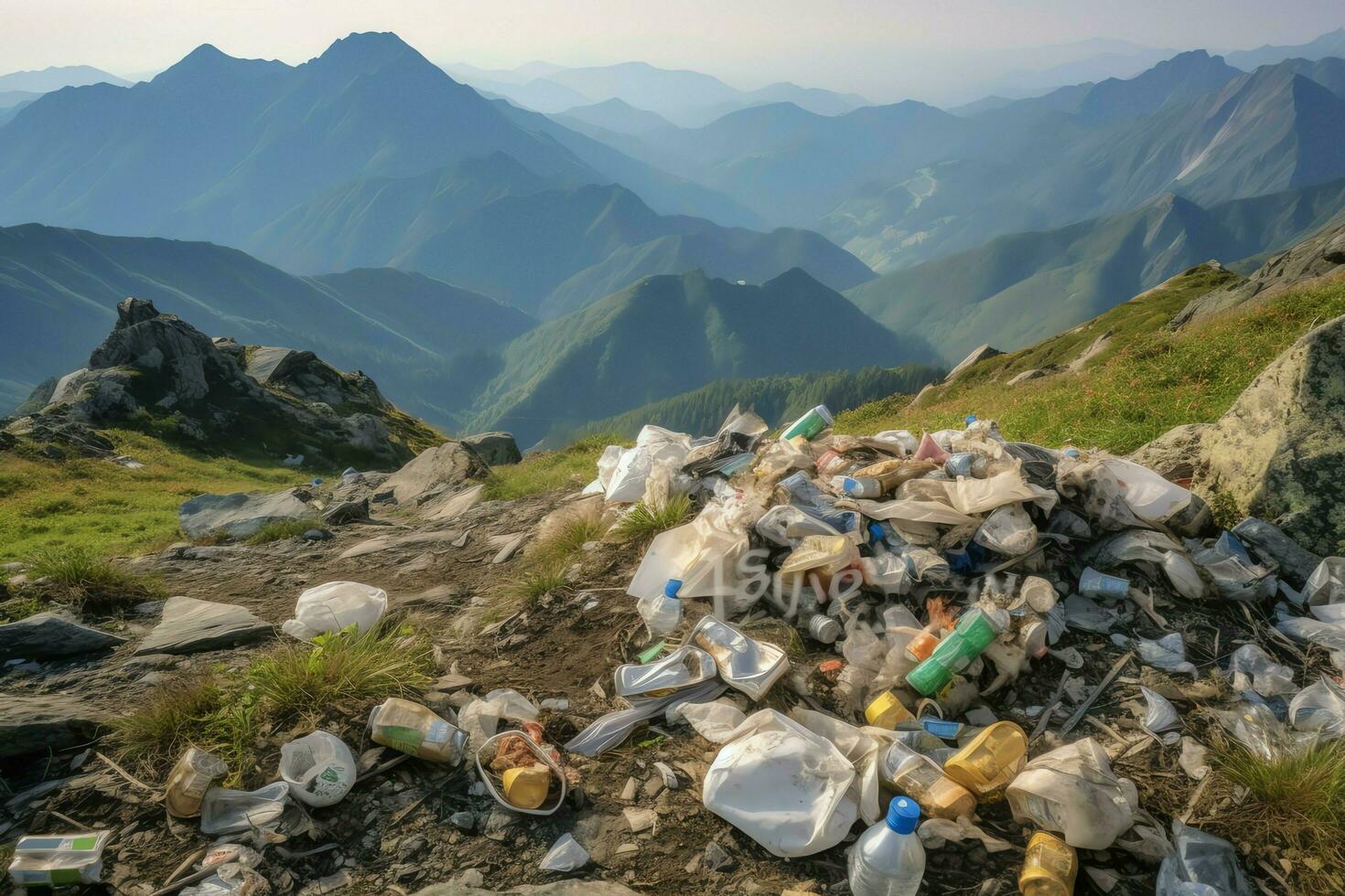 Environmental problem plastic garbage or trash in the mountain from global warming. Pollution concept by AI Generated photo