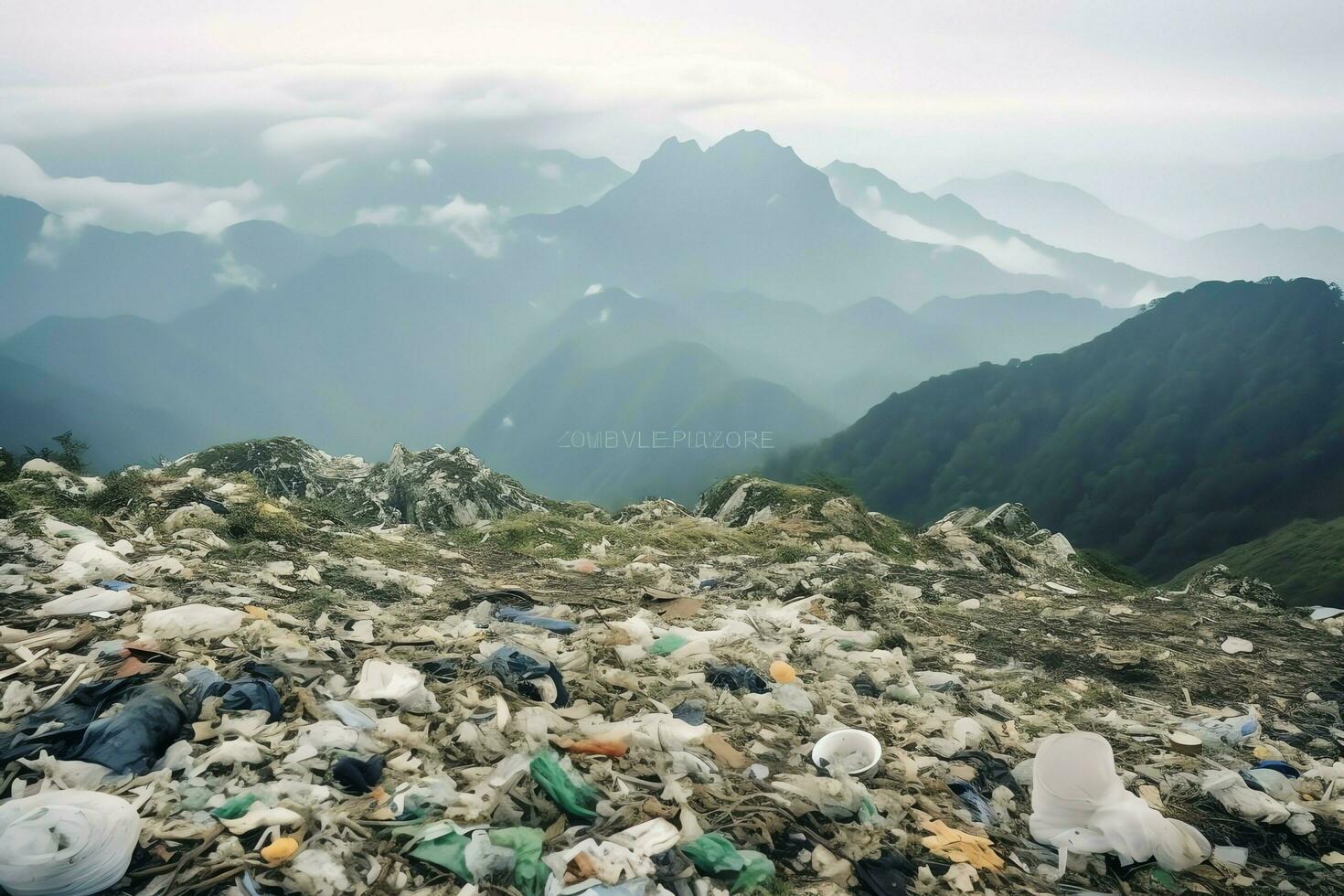 Environmental problem plastic garbage or trash in the mountain from global warming. Pollution concept by AI Generated photo