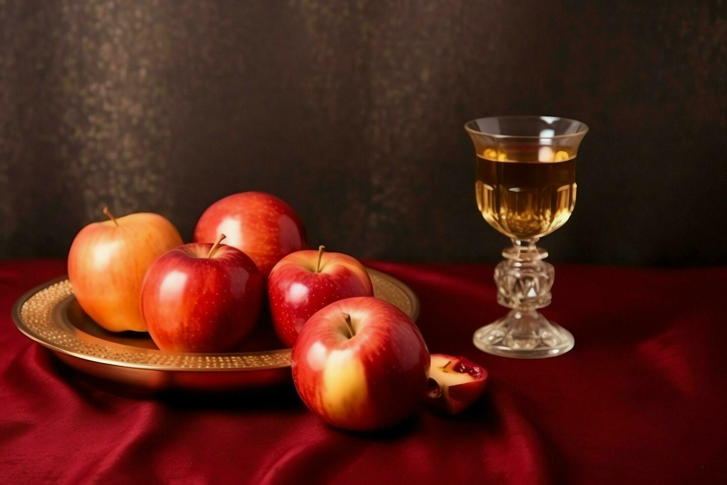 tradicional comida de judío nuevo año fiesta de tradicion o religión. rosh hashaná con Copiar espacio concepto por ai generado foto