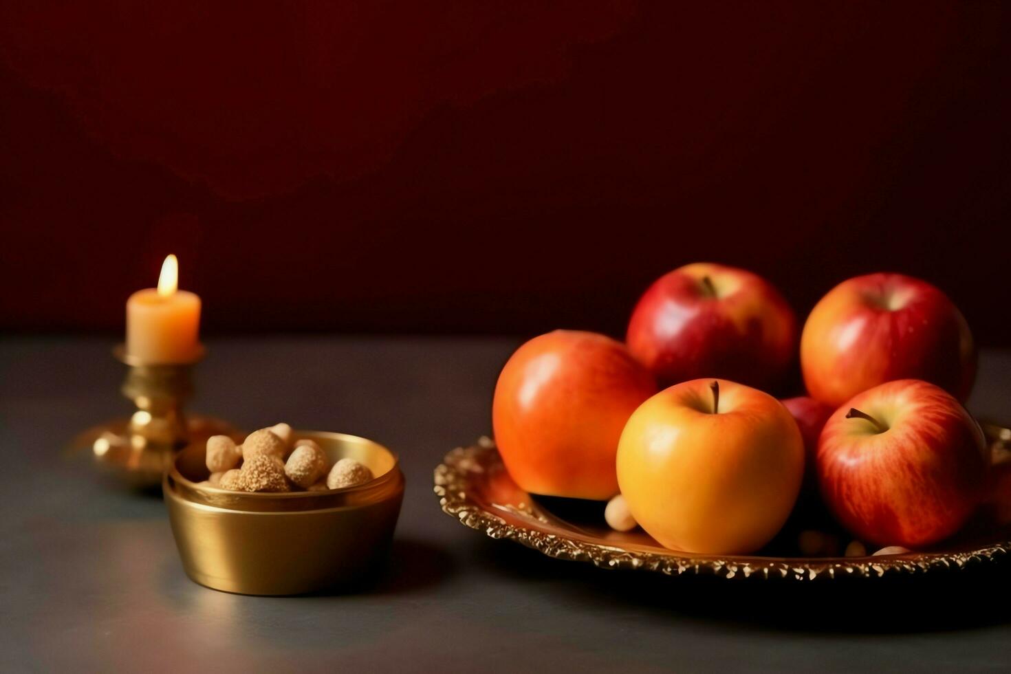 Traditional food of jewish new year holiday of tradition or religion. Rosh hashanah with copy space concept by AI Generated photo