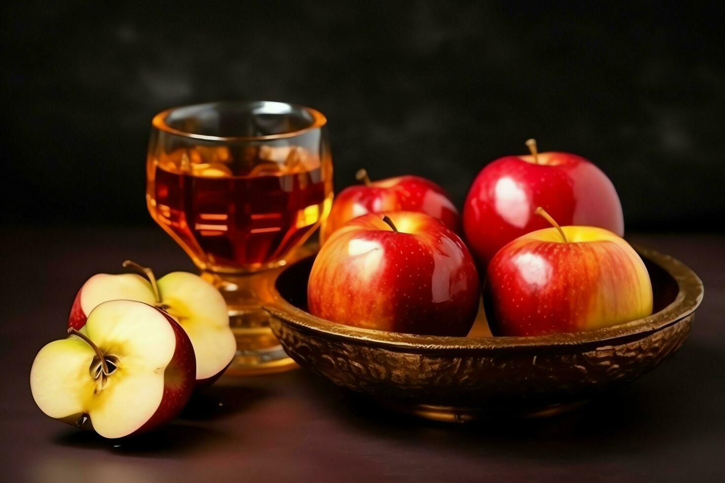 Traditional food of jewish new year holiday of tradition or religion. Rosh hashanah with copy space concept by AI Generated photo