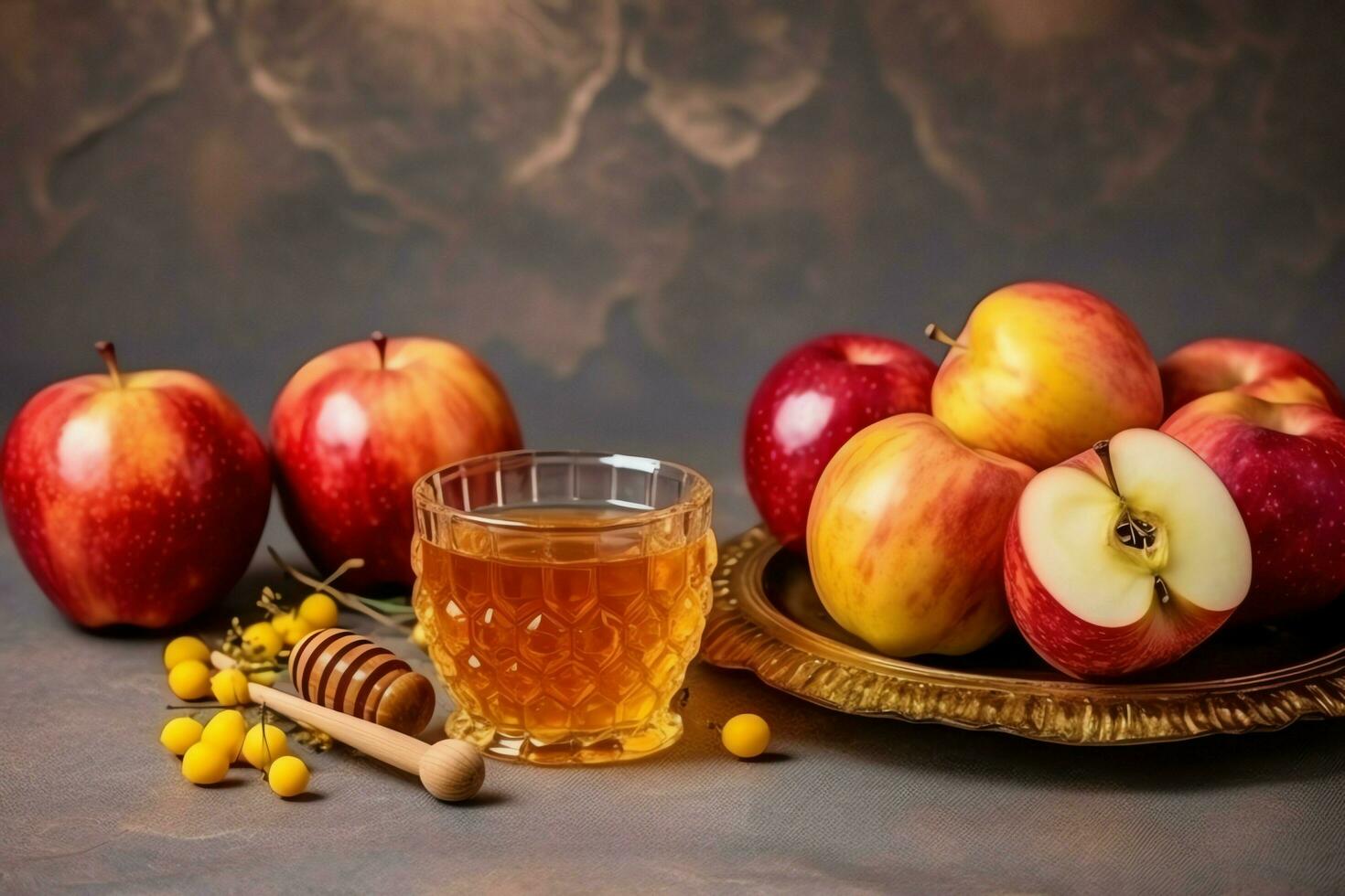 Traditional food of jewish new year holiday of tradition or religion. Rosh hashanah with copy space concept by AI Generated photo