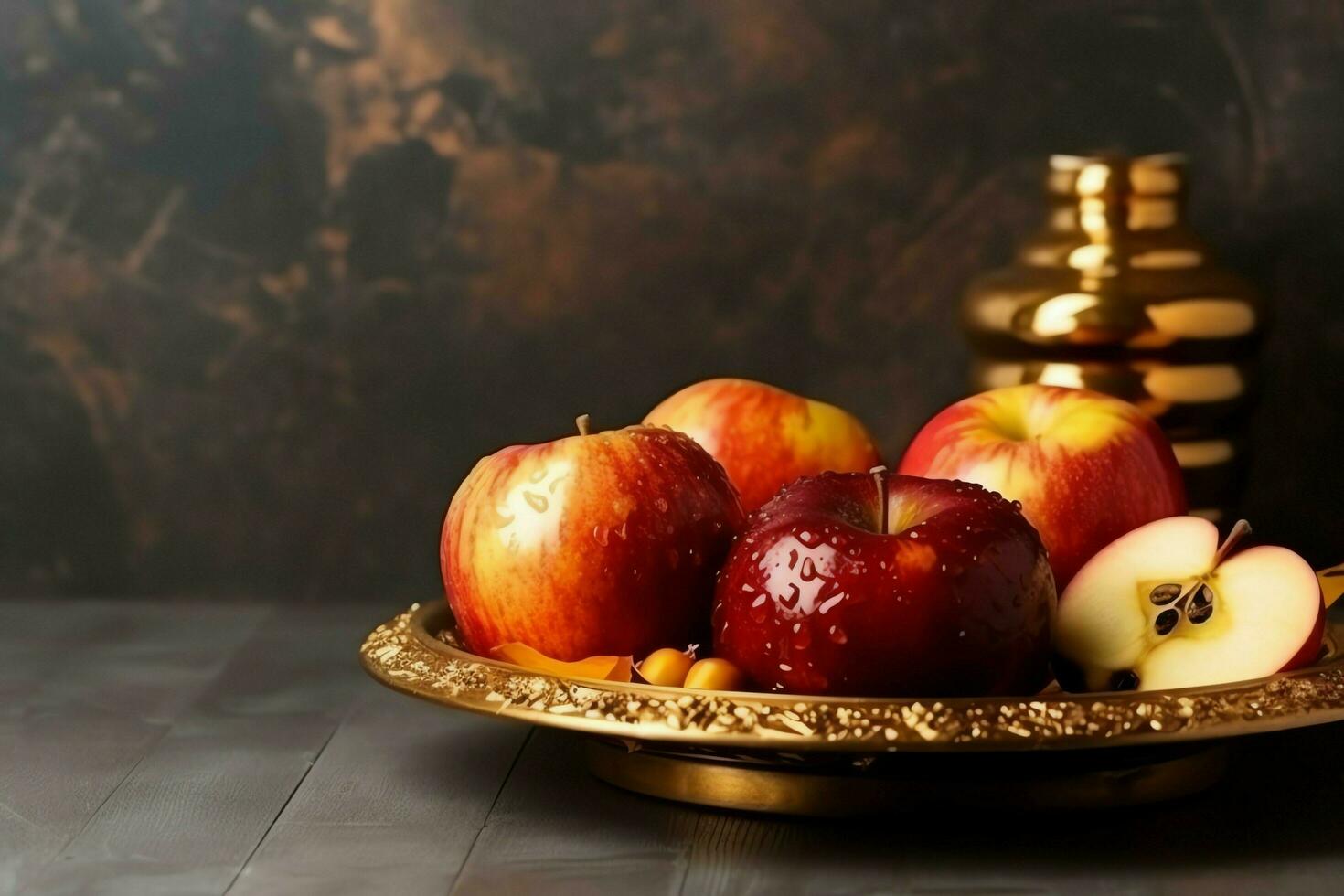 Traditional food of jewish new year holiday of tradition or religion. Rosh hashanah with copy space concept by AI Generated photo