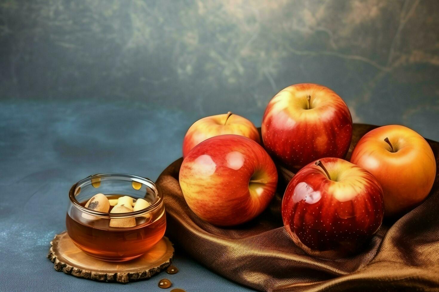 Traditional food of jewish new year holiday of tradition or religion. Rosh hashanah with copy space concept by AI Generated photo