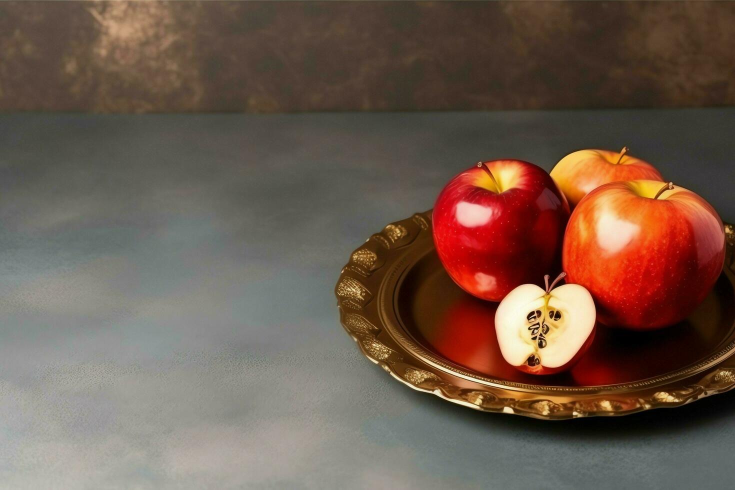 Traditional food of jewish new year holiday of tradition or religion. Rosh hashanah with copy space concept by AI Generated photo