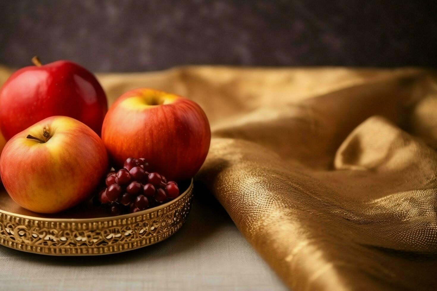 tradicional comida de judío nuevo año fiesta de tradicion o religión. rosh hashaná con Copiar espacio concepto por ai generado foto