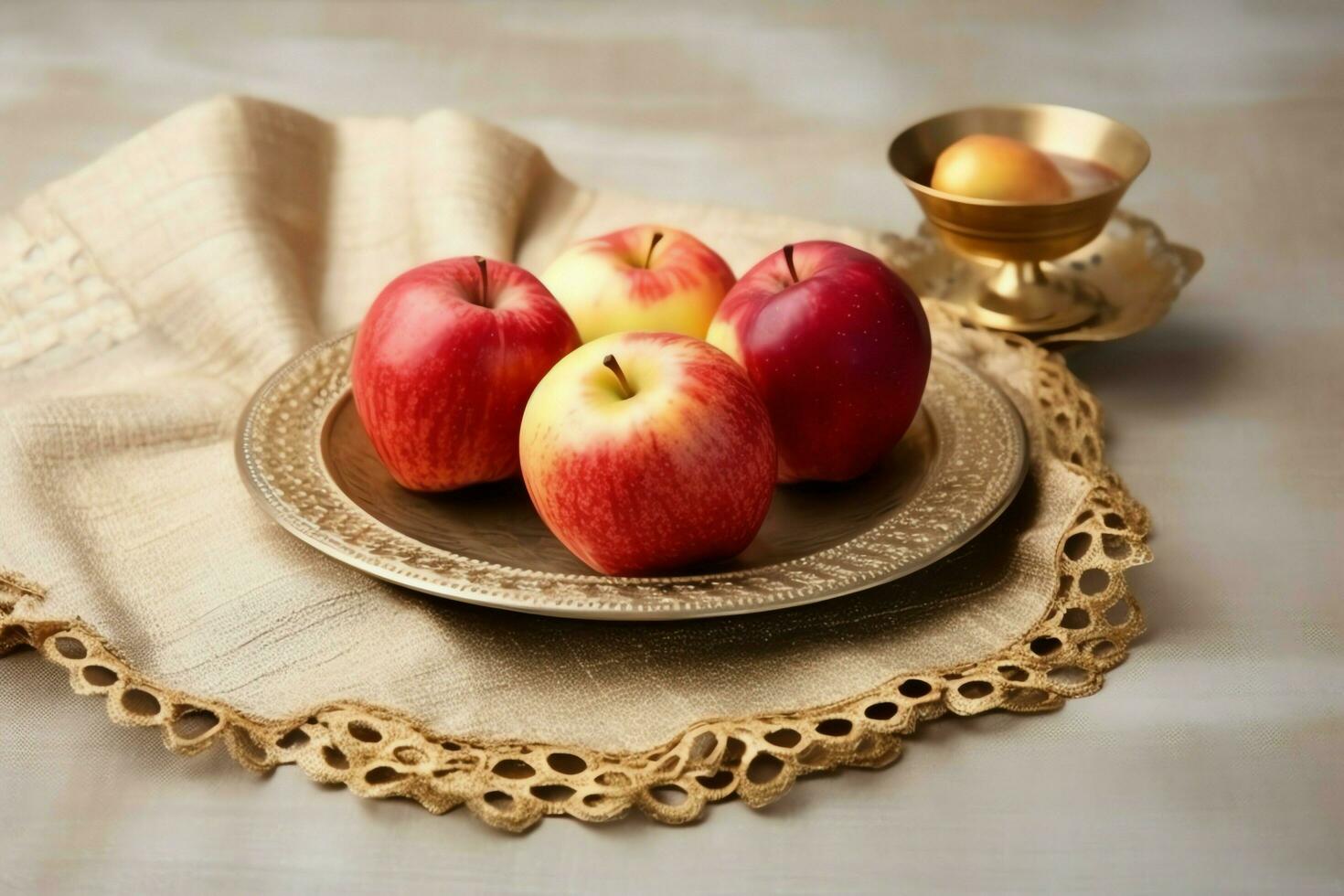 Traditional food of jewish new year holiday of tradition or religion. Rosh hashanah with copy space concept by AI Generated photo