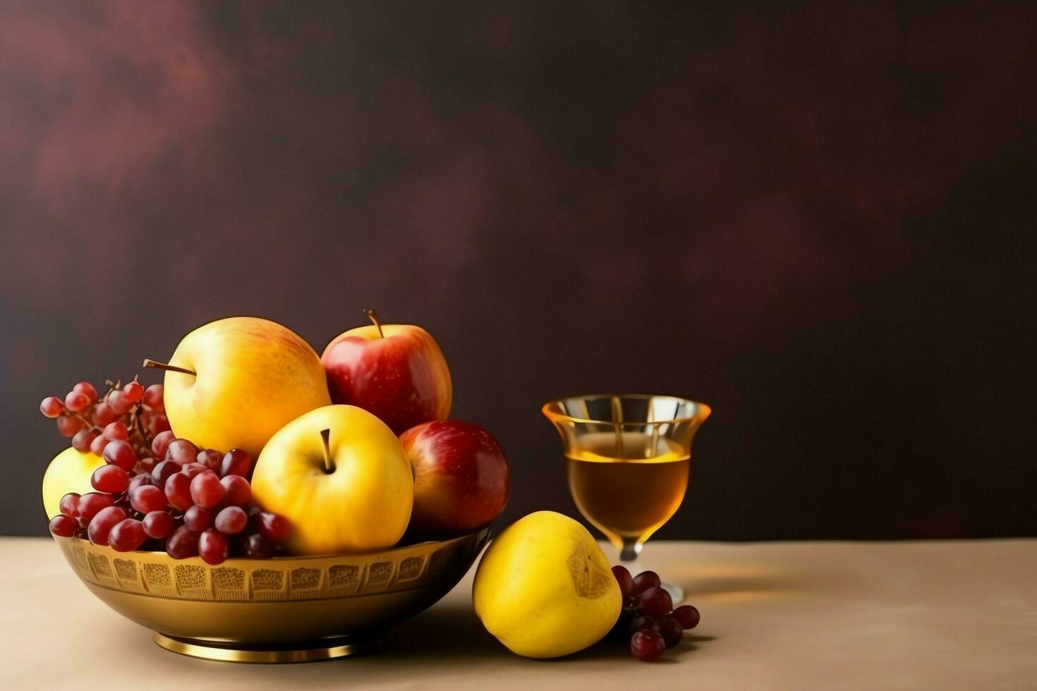 tradicional comida de judío nuevo año fiesta de tradicion o religión. rosh hashaná con Copiar espacio concepto por ai generado foto