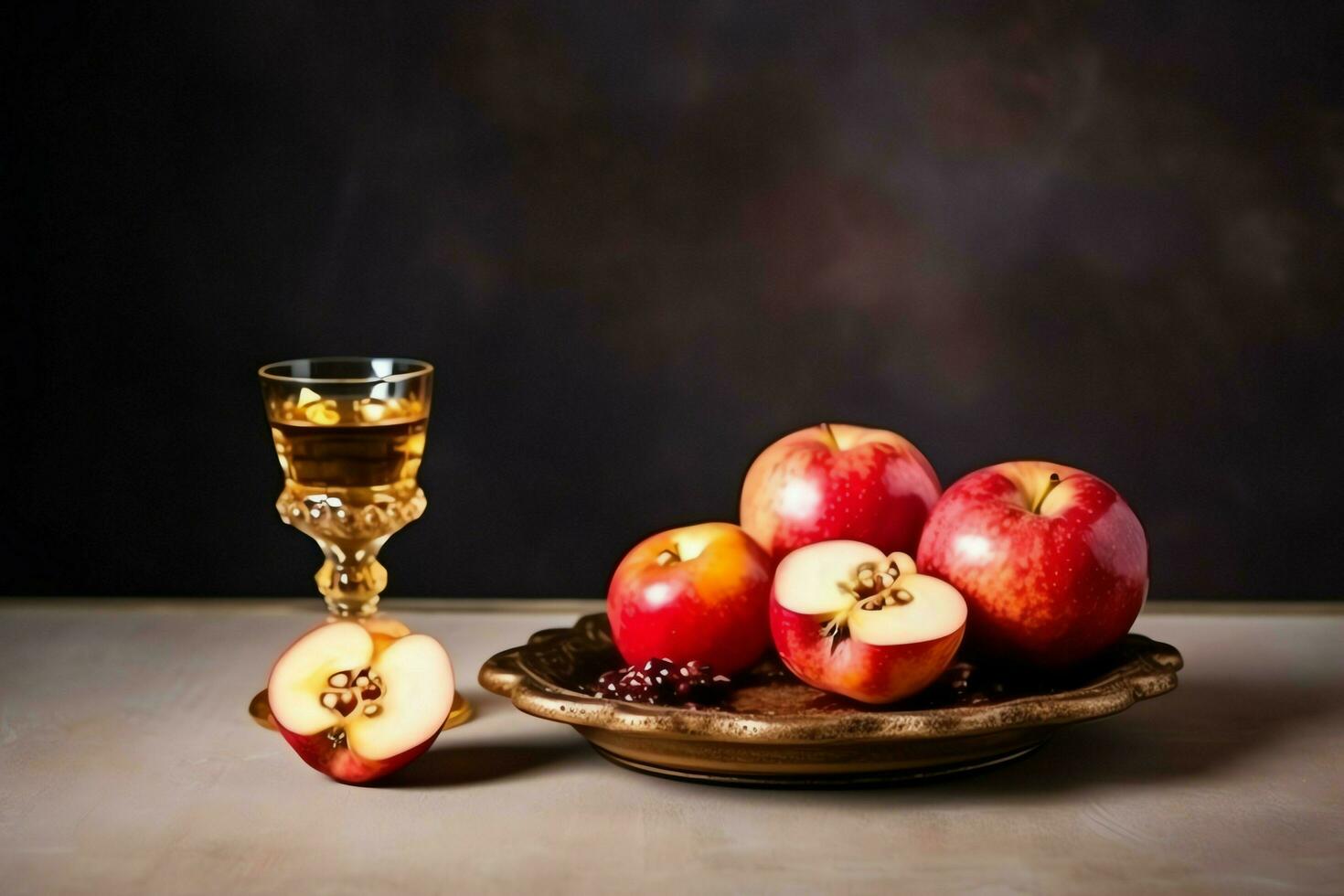 tradicional comida de judío nuevo año fiesta de tradicion o religión. rosh hashaná con Copiar espacio concepto por ai generado foto