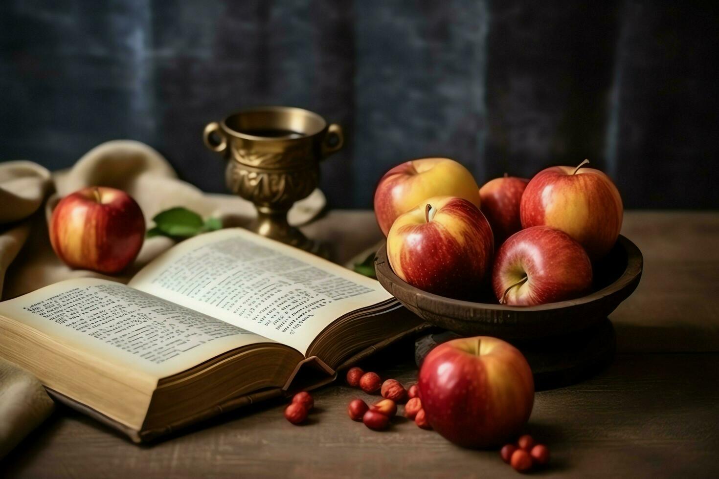 Traditional food of jewish new year holiday of tradition or religion. Rosh hashanah with copy space concept by AI Generated photo