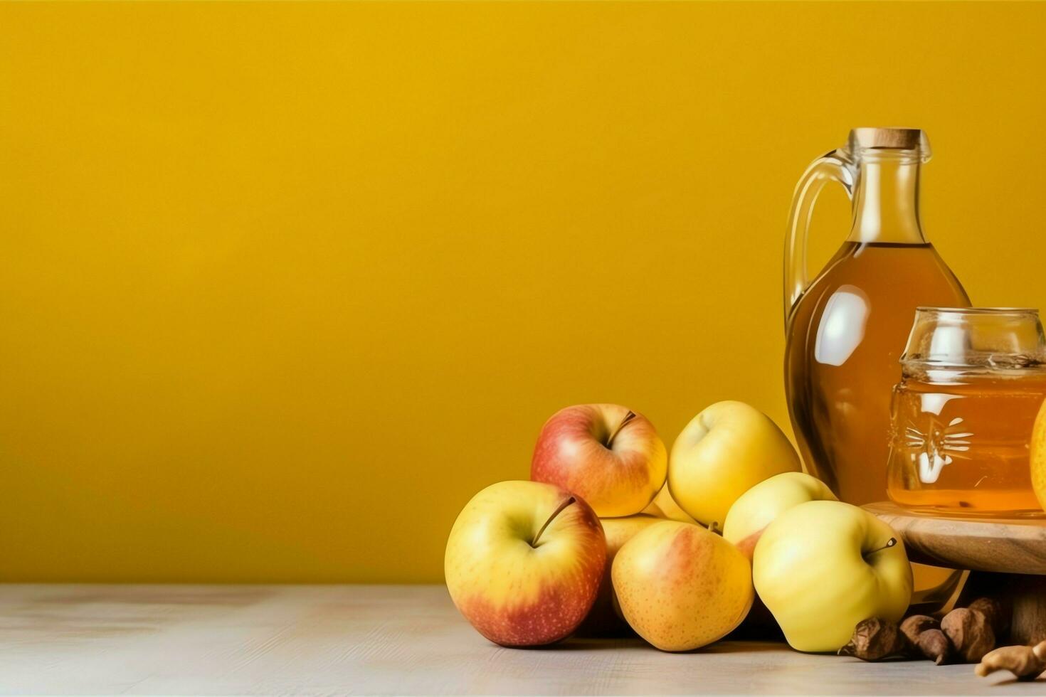Traditional food of jewish new year holiday of tradition or religion. Rosh hashanah with copy space concept by AI Generated photo