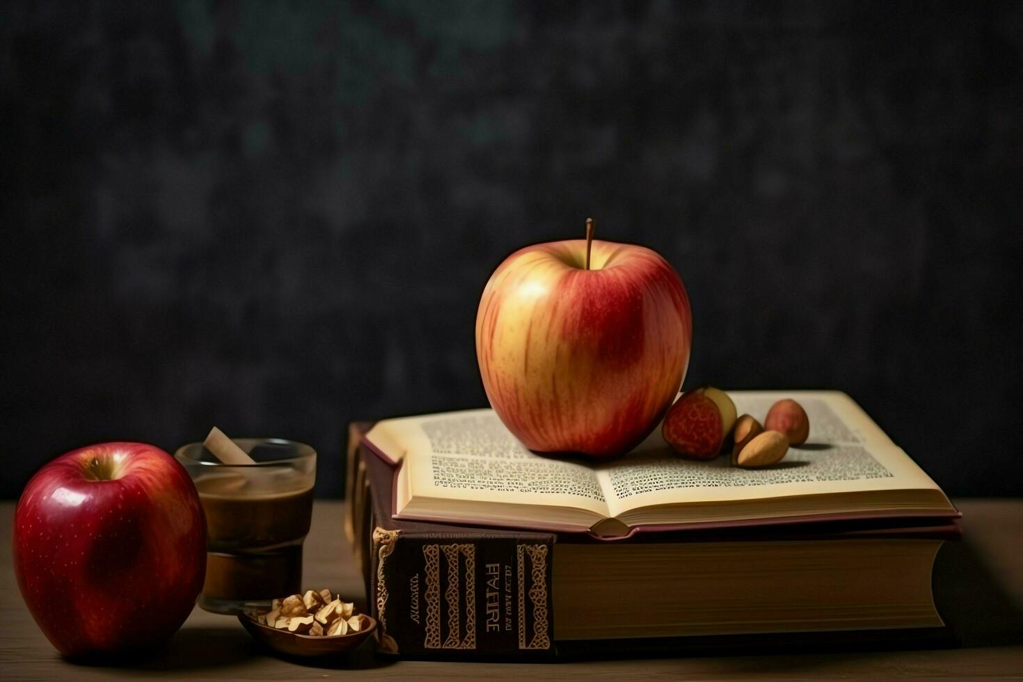 Traditional food of jewish new year holiday of tradition or religion. Rosh hashanah with copy space concept by AI Generated photo