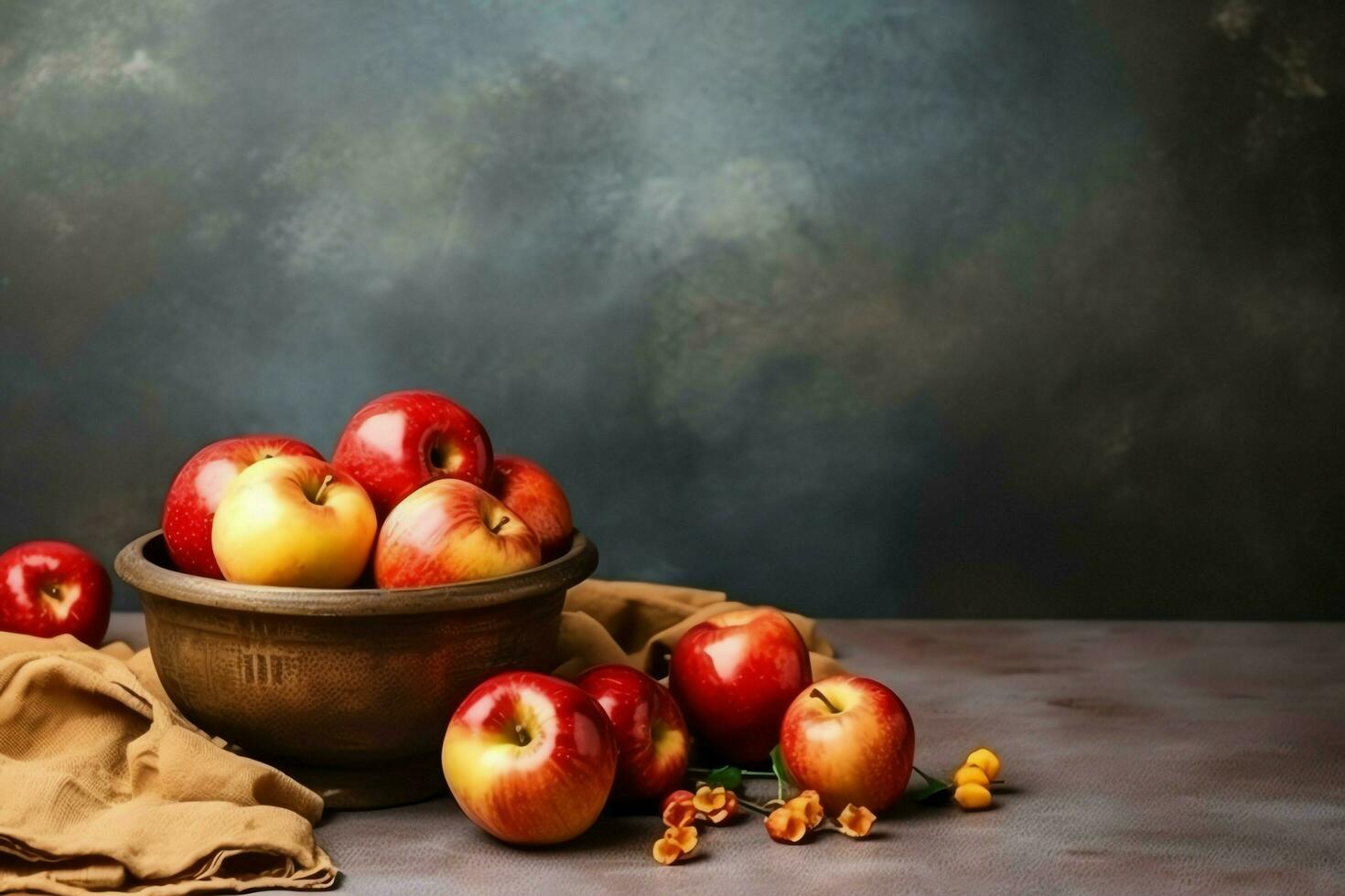 tradicional comida de judío nuevo año fiesta de tradicion o religión. rosh hashaná con Copiar espacio concepto por ai generado foto