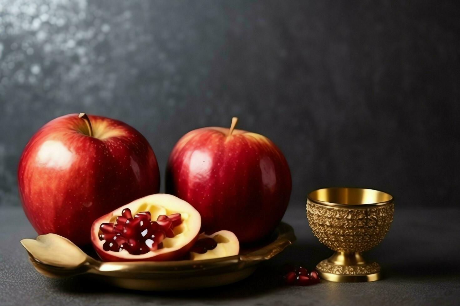 tradicional comida de judío nuevo año fiesta de tradicion o religión. rosh hashaná con Copiar espacio concepto por ai generado foto