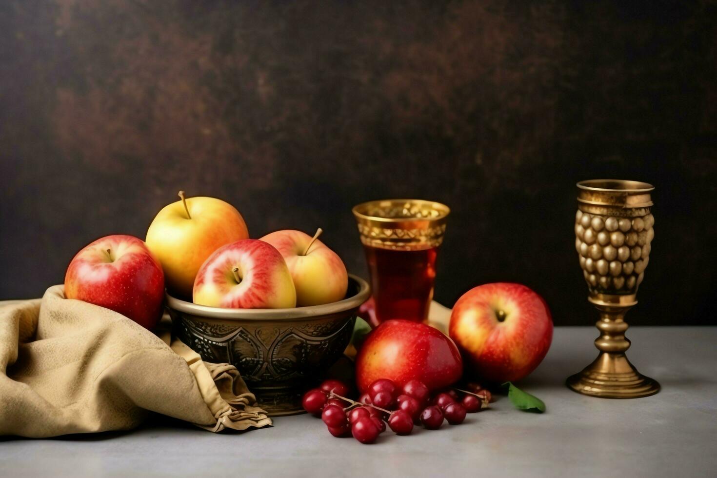 tradicional comida de judío nuevo año fiesta de tradicion o religión. rosh hashaná con Copiar espacio concepto por ai generado foto