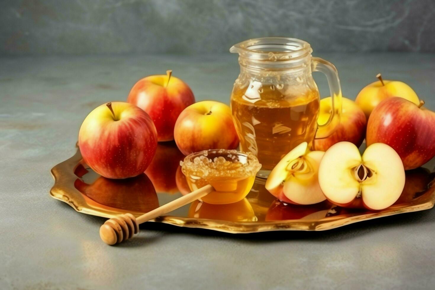 Traditional food of jewish new year holiday of tradition or religion. Rosh hashanah with copy space concept by AI Generated photo