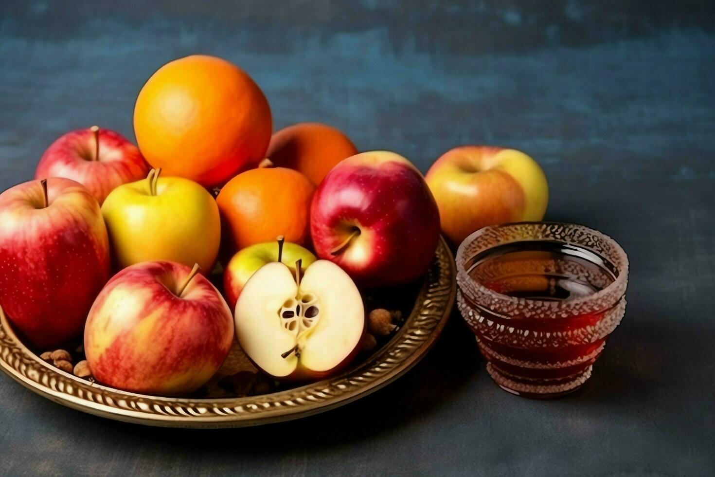 tradicional comida de judío nuevo año fiesta de tradicion o religión. rosh hashaná con Copiar espacio concepto por ai generado foto