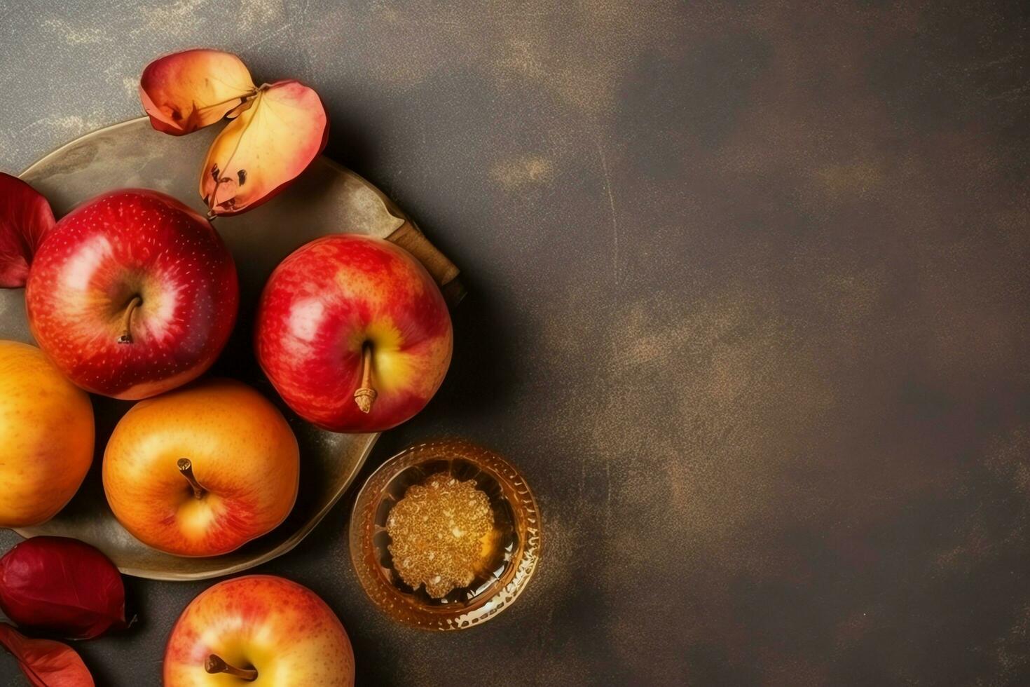 Traditional food of jewish new year holiday of tradition or religion. Rosh hashanah with copy space concept by AI Generated photo