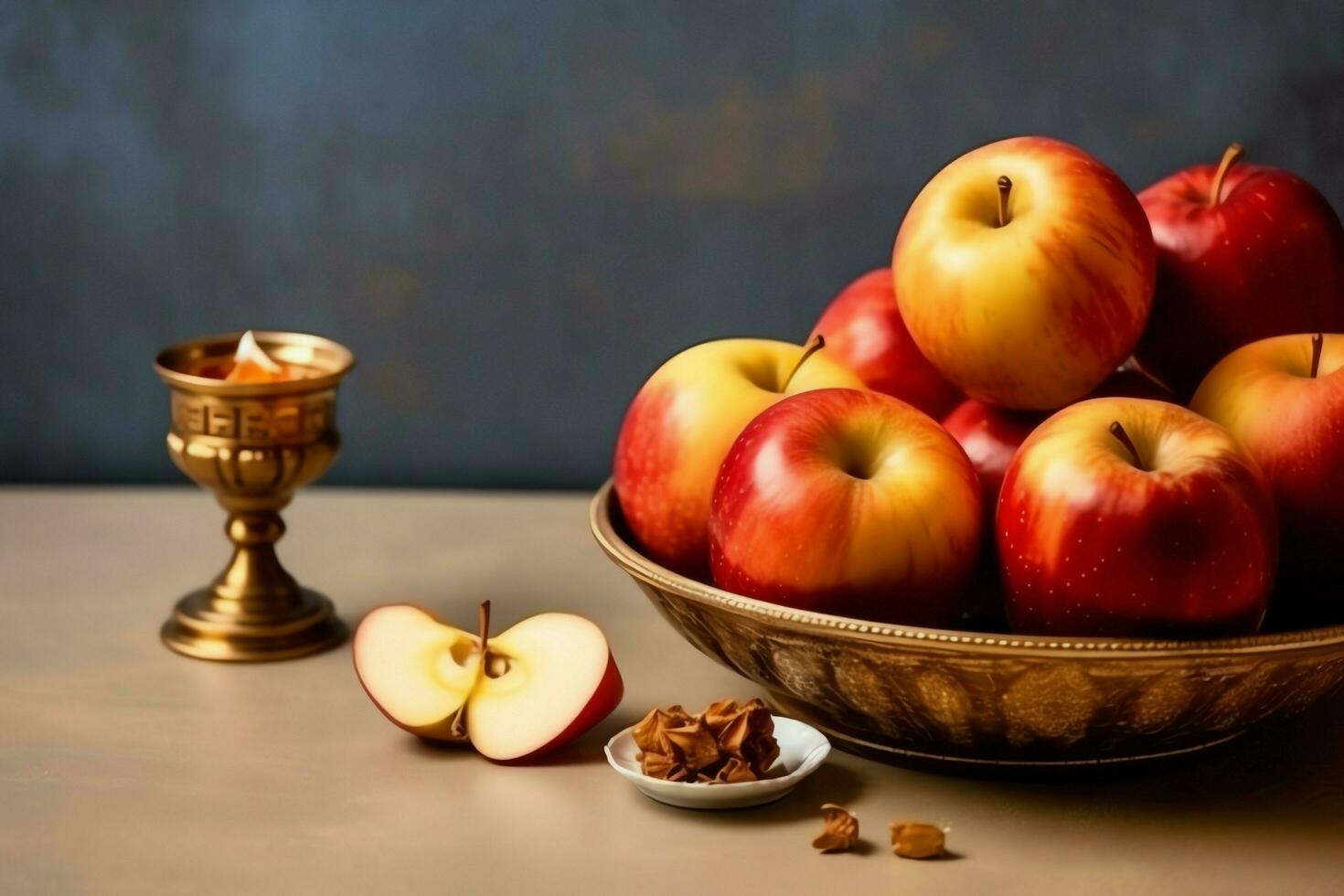 Traditional food of jewish new year holiday of tradition or religion. Rosh hashanah with copy space concept by AI Generated photo