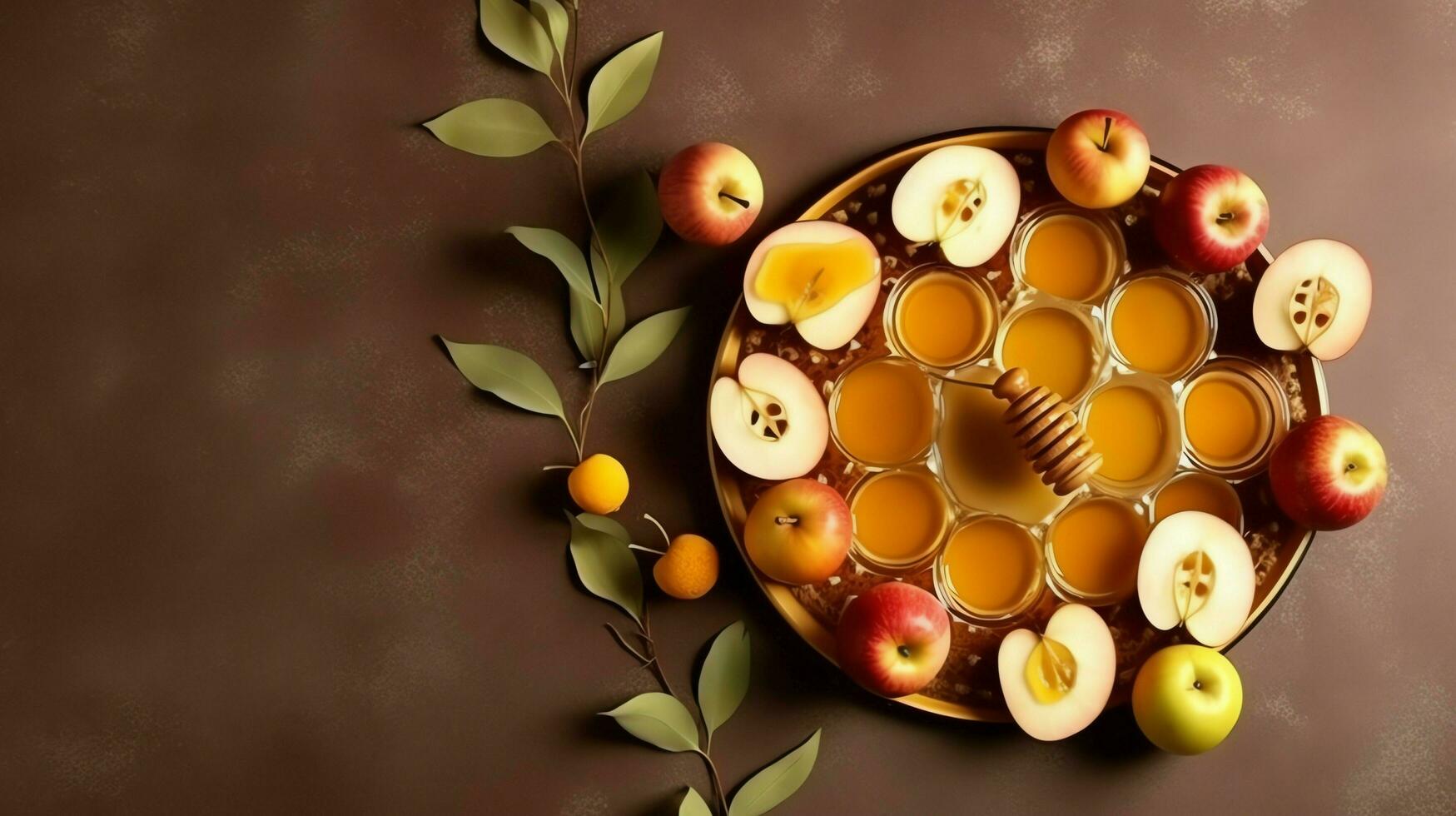 Traditional food of jewish new year holiday of tradition or religion. Rosh hashanah with copy space concept by AI Generated photo