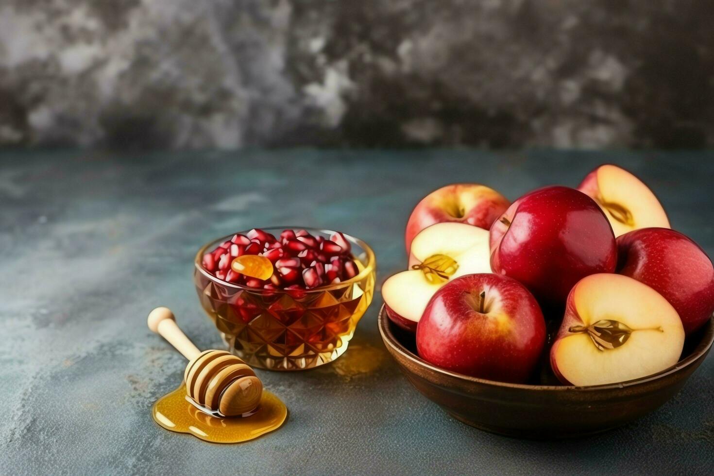 Traditional food of jewish new year holiday of tradition or religion. Rosh hashanah with copy space concept by AI Generated photo