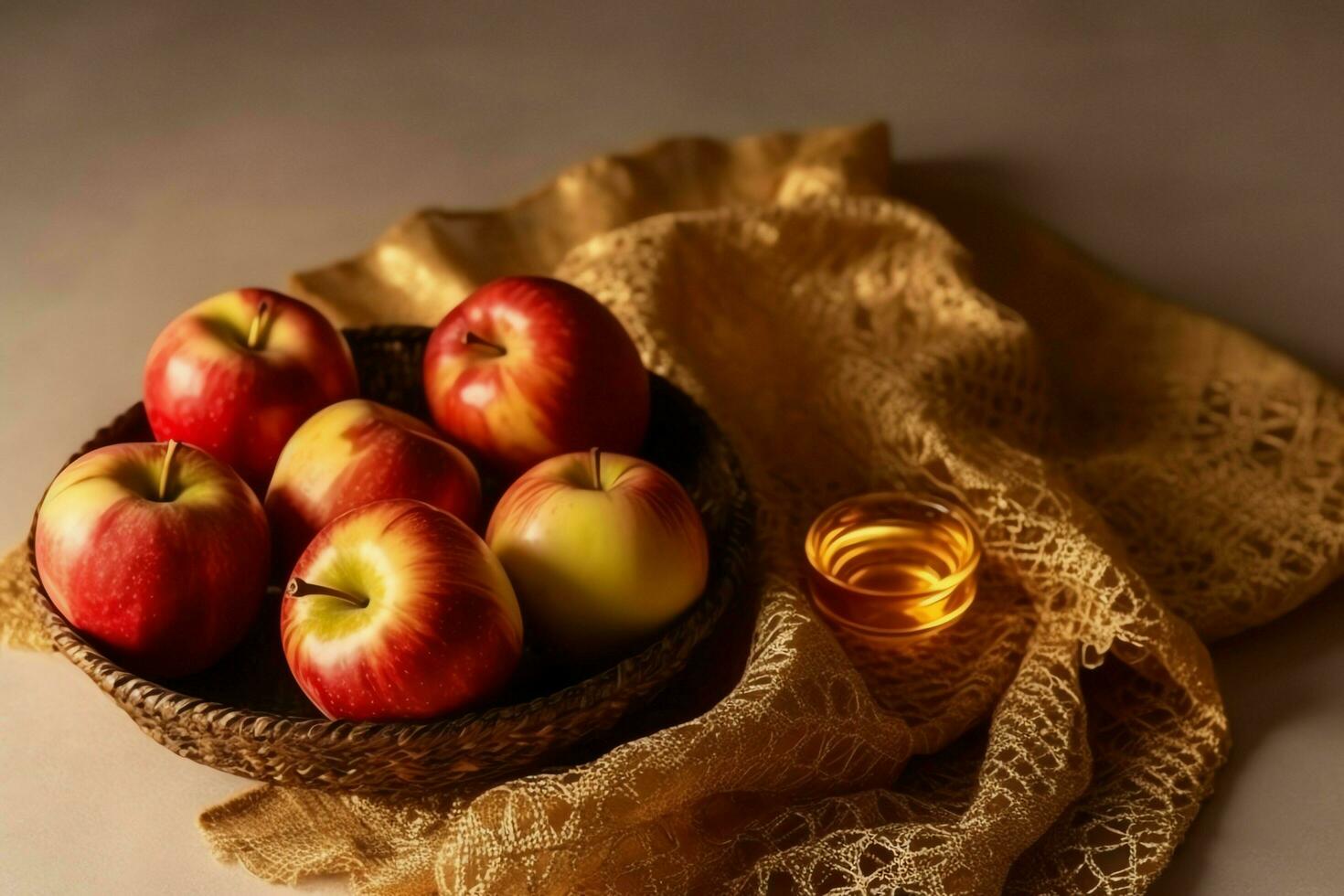 Traditional food of jewish new year holiday of tradition or religion. Rosh hashanah with copy space concept by AI Generated photo