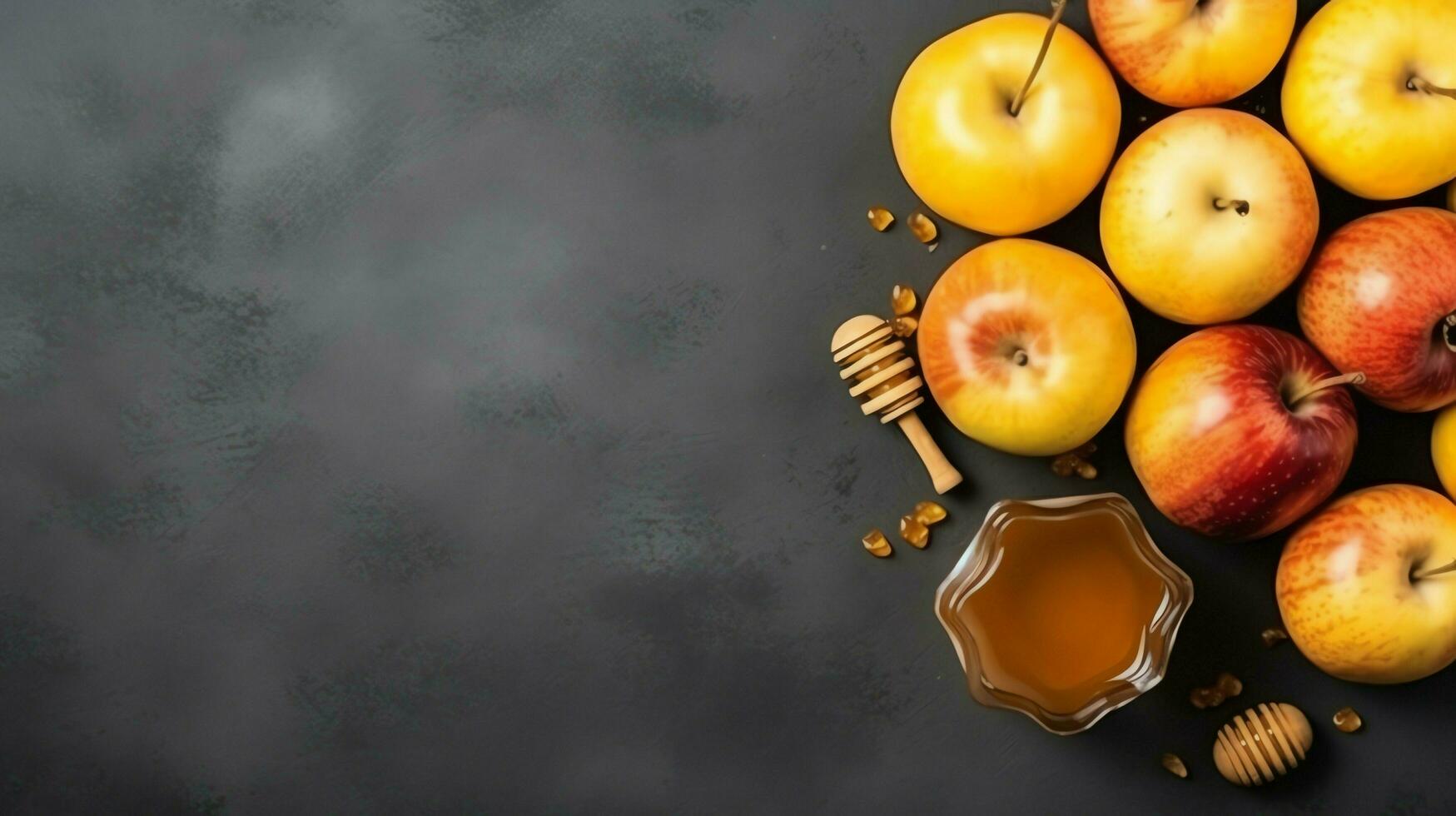 Traditional food of jewish new year holiday of tradition or religion. Rosh hashanah with copy space concept by AI Generated photo