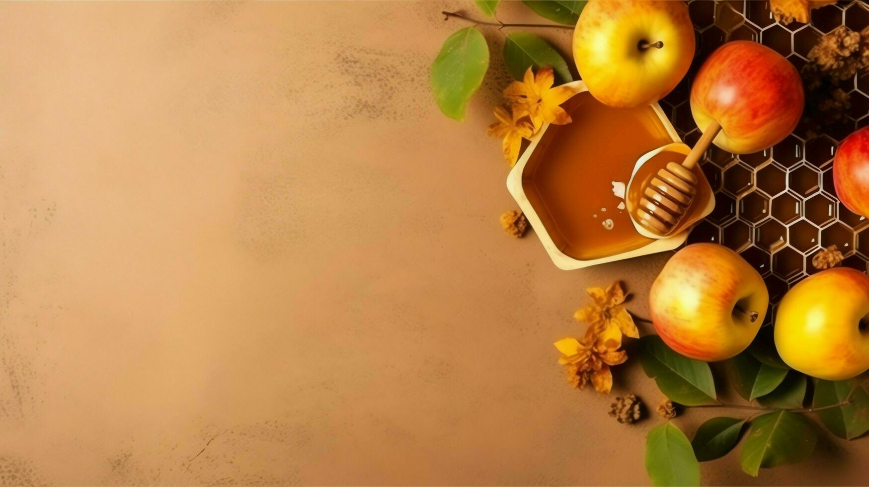 Traditional food of jewish new year holiday of tradition or religion. Rosh hashanah with copy space concept by AI Generated photo