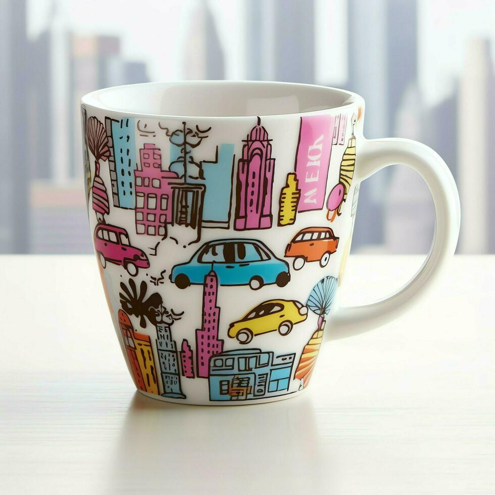 A mug with a doodle hand drawn new york or summer design on it. Mug mockup and hand drawn doodle concept by AI Generated photo