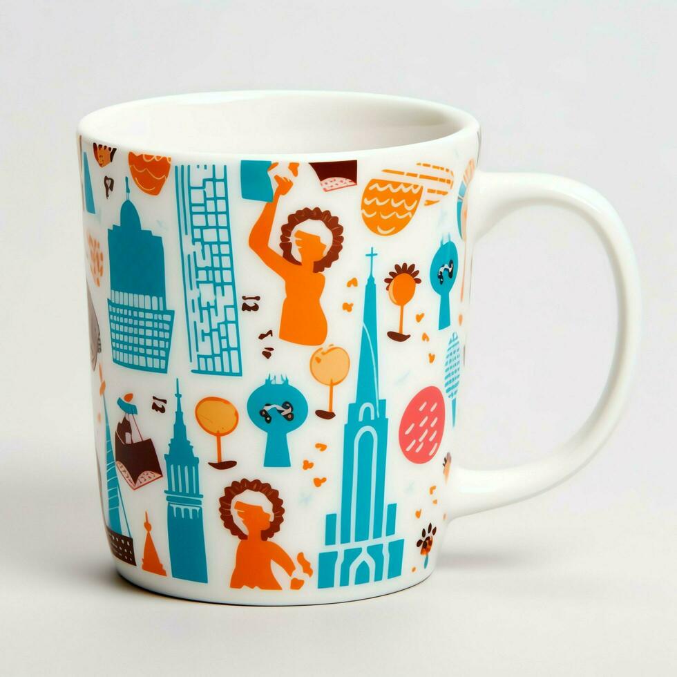 A mug with a doodle hand drawn new york or summer design on it. Mug mockup and hand drawn doodle concept by AI Generated photo