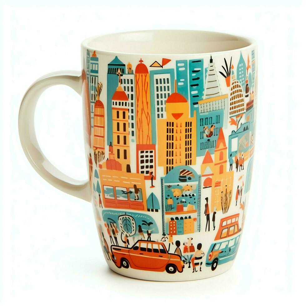 A mug with a doodle hand drawn new york or summer design on it. Mug mockup and hand drawn doodle concept by AI Generated photo