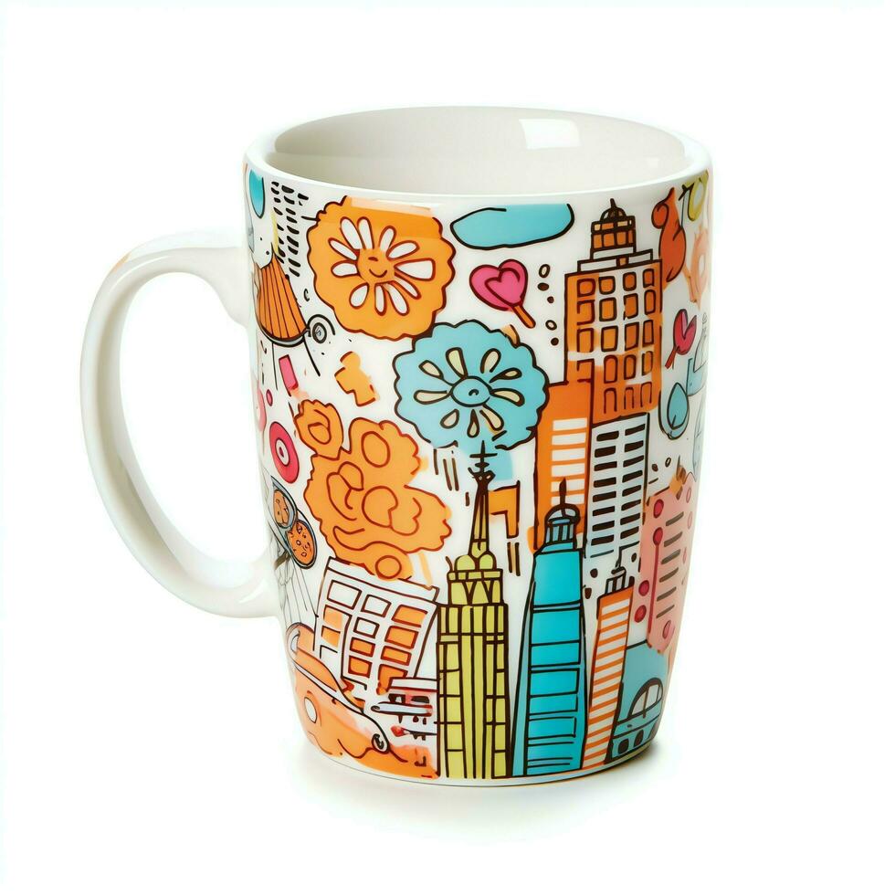 A mug with a doodle hand drawn new york or summer design on it. Mug mockup and hand drawn doodle concept by AI Generated photo