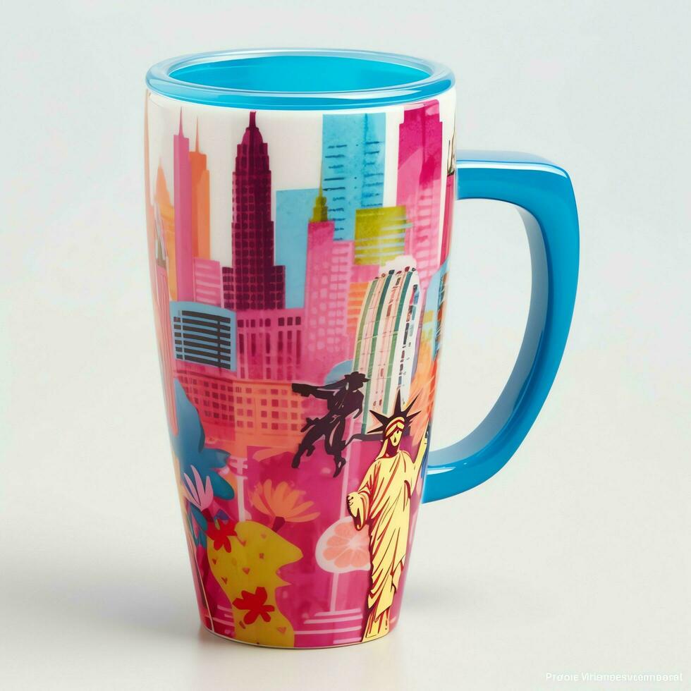 A mug with a doodle hand drawn new york or summer design on it. Mug mockup and hand drawn doodle concept by AI Generated photo