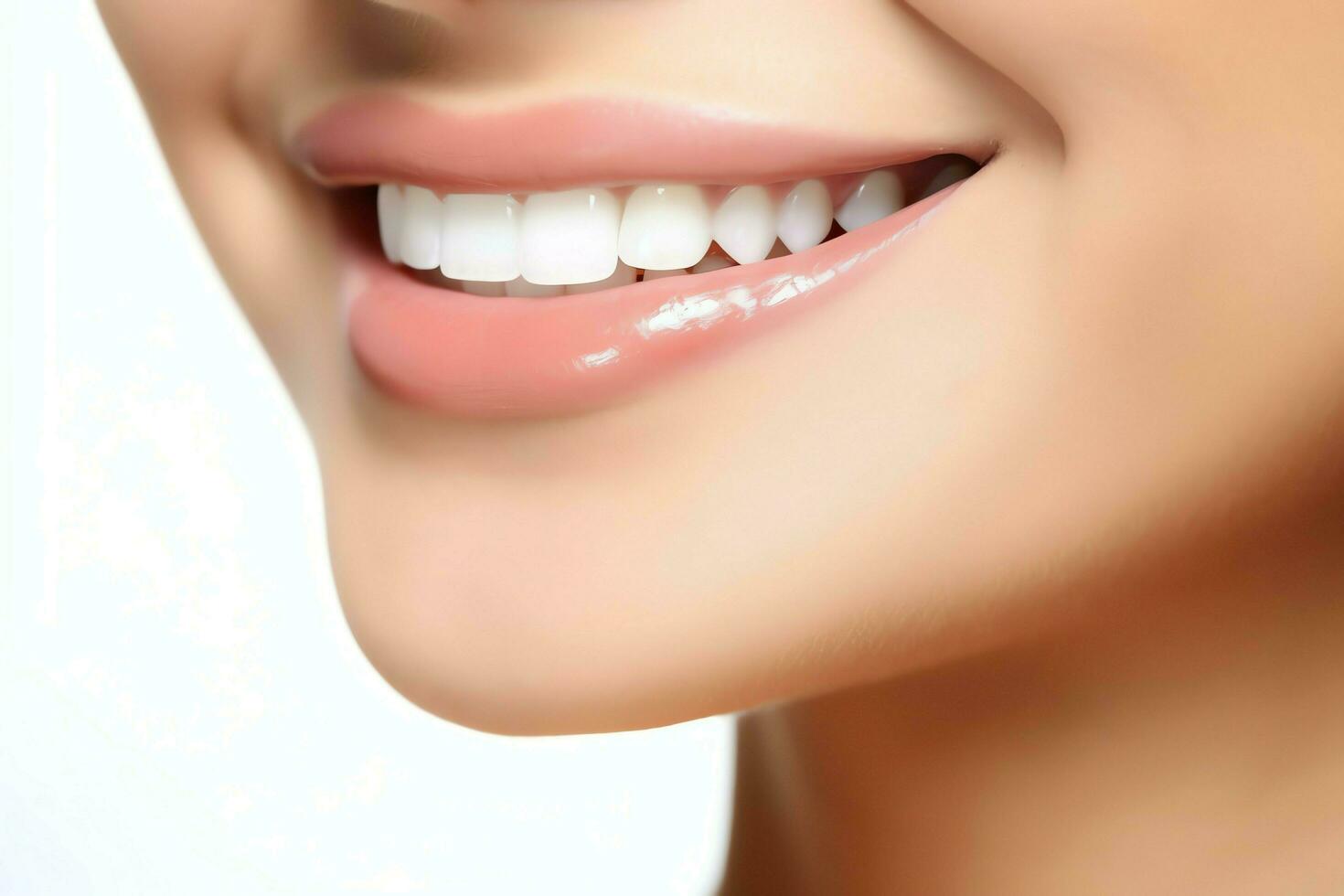 Perfect healthy teeth smile of a young woman at a dentist. Teeth whitening. Dental care, stomatology concept by AI Generated photo