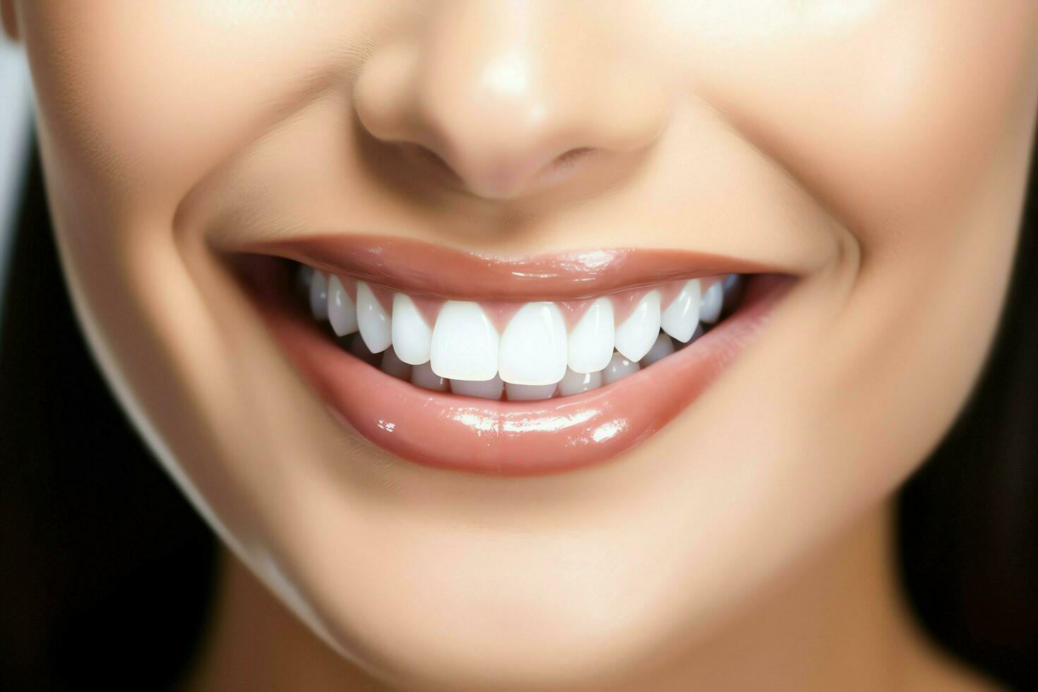 Perfect healthy teeth smile of a young woman at a dentist. Teeth whitening. Dental care, stomatology concept by AI Generated photo