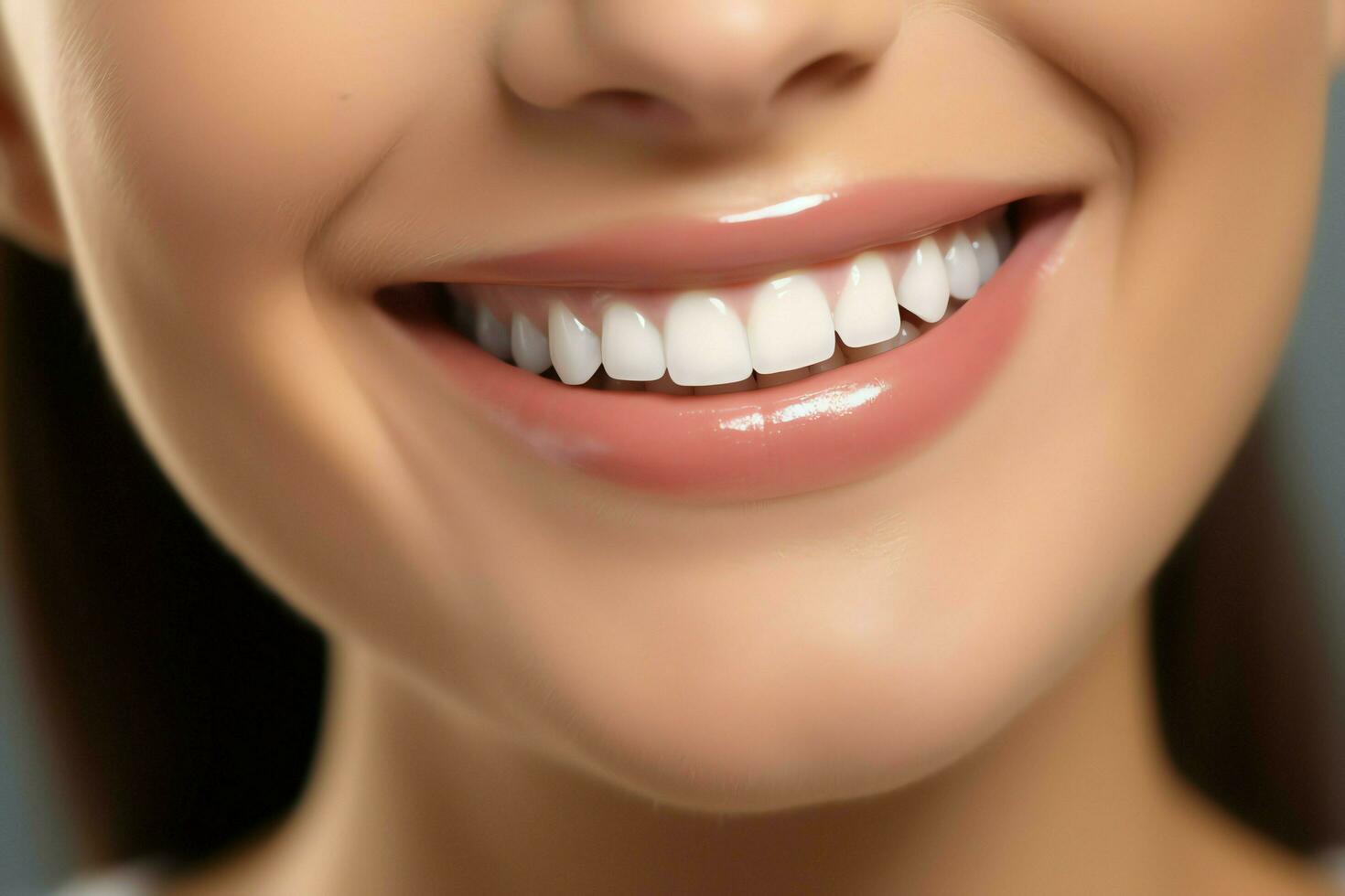 Perfecto sano dientes sonrisa de un joven mujer a un dentista. dientes blanqueo. dental cuidado, estomatología concepto por ai generado foto