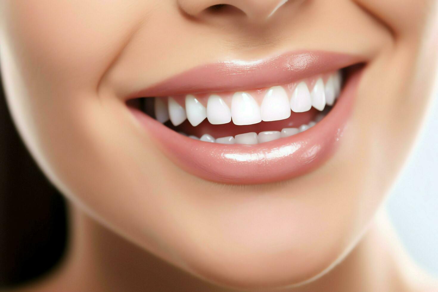 Perfect healthy teeth smile of a young woman at a dentist. Teeth whitening. Dental care, stomatology concept by AI Generated photo