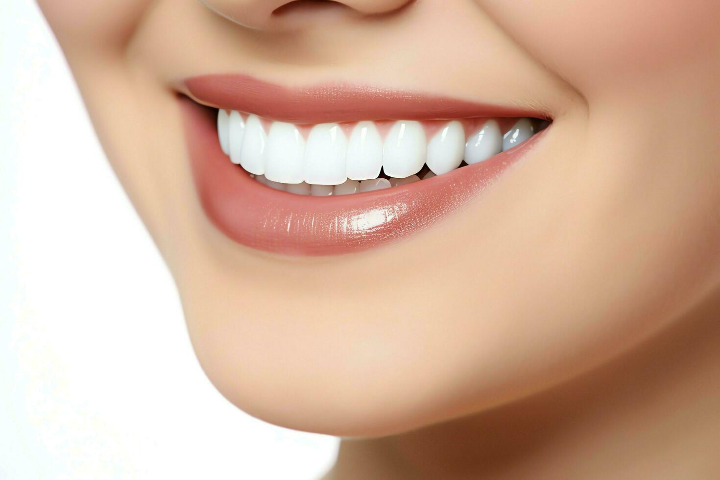 Perfect healthy teeth smile of a young woman at a dentist. Teeth whitening. Dental care, stomatology concept by AI Generated photo