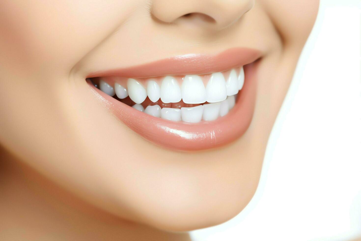 Perfect healthy teeth smile of a young woman at a dentist. Teeth whitening. Dental care, stomatology concept by AI Generated photo