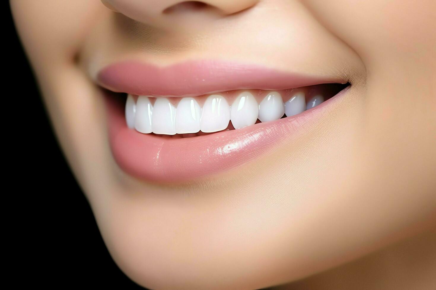 Perfecto sano dientes sonrisa de un joven mujer a un dentista. dientes blanqueo. dental cuidado, estomatología concepto por ai generado foto