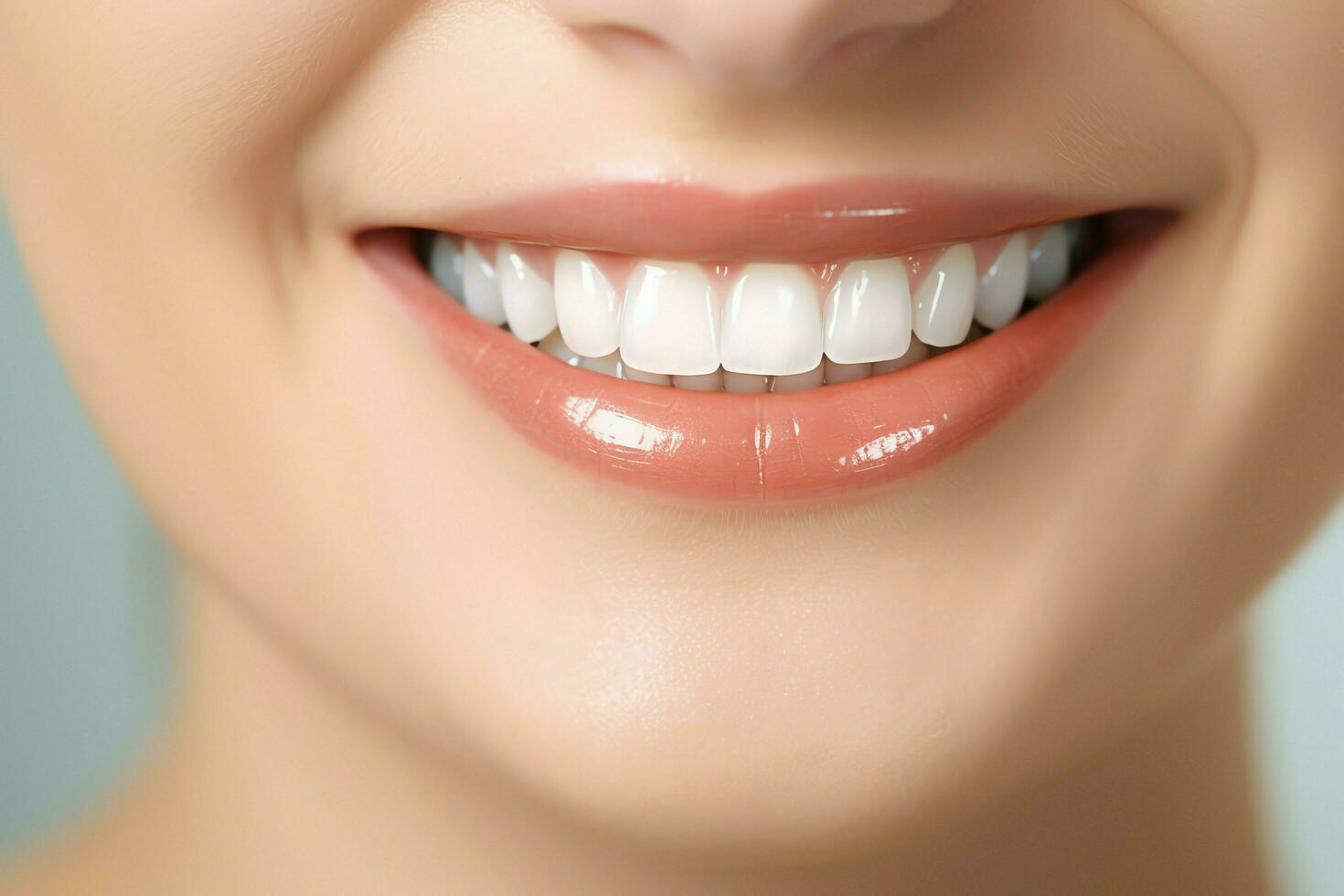 Perfecto sano dientes sonrisa de un joven mujer a un dentista. dientes blanqueo. dental cuidado, estomatología concepto por ai generado foto