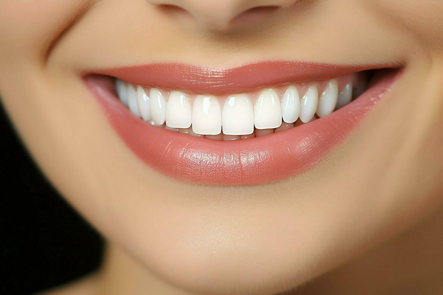 Perfect healthy teeth smile of a young woman at a dentist. Teeth whitening. Dental care, stomatology concept by AI Generated photo