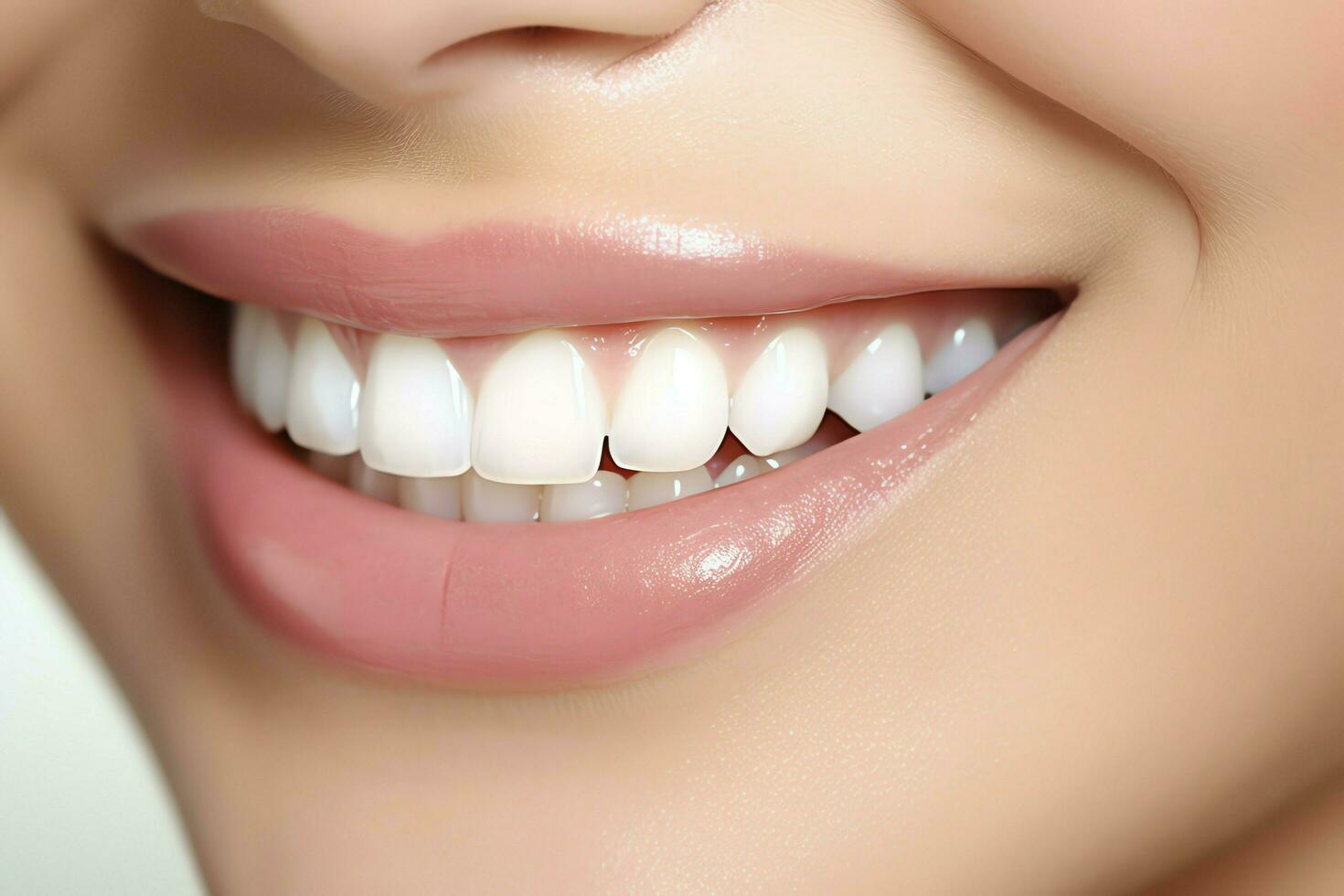 Perfecto sano dientes sonrisa de un joven mujer a un dentista. dientes blanqueo. dental cuidado, estomatología concepto por ai generado foto