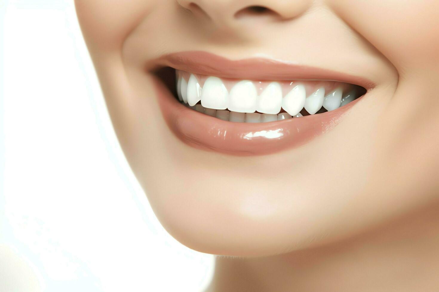Perfect healthy teeth smile of a young woman at a dentist. Teeth whitening. Dental care, stomatology concept by AI Generated photo