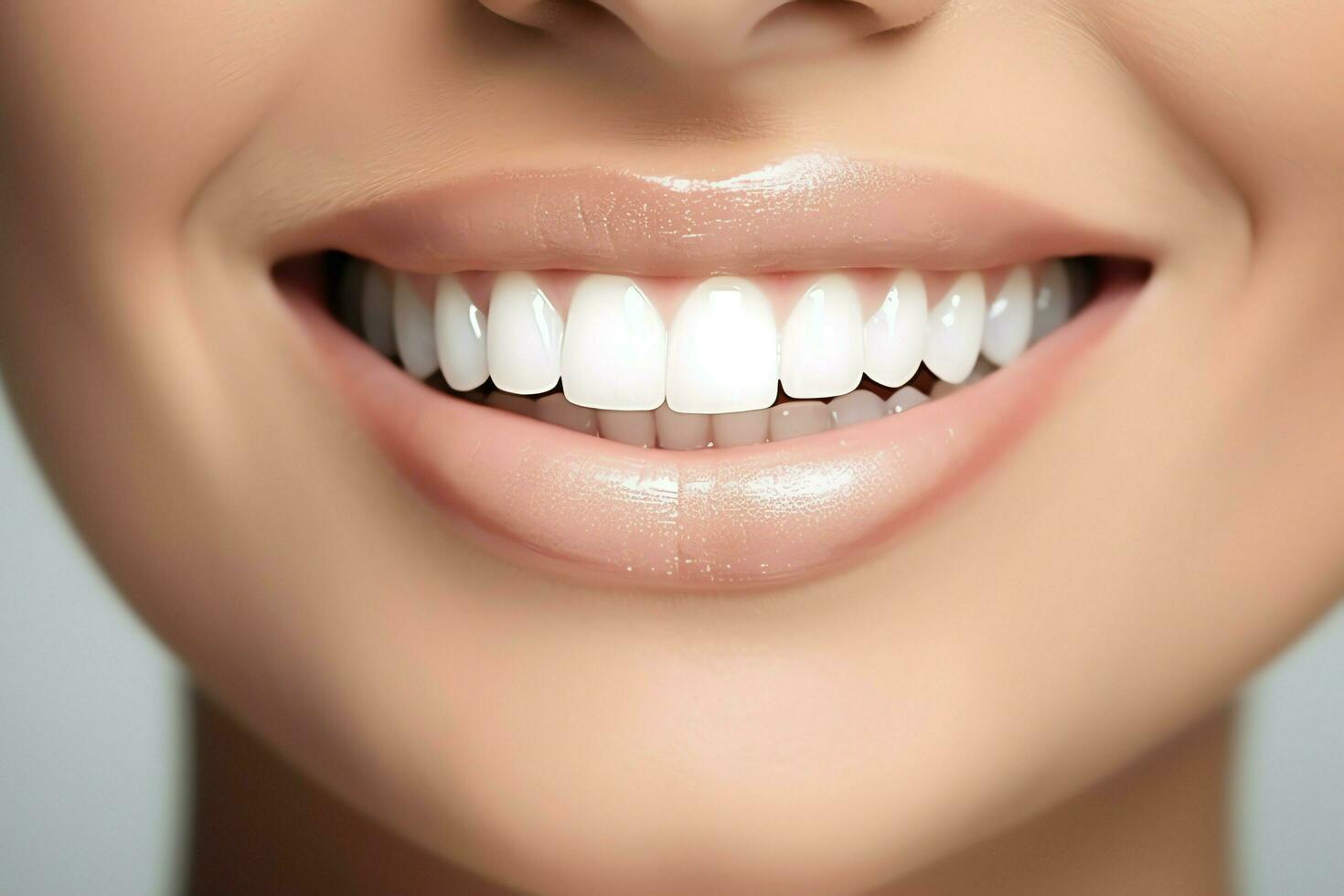 Perfecto sano dientes sonrisa de un joven mujer a un dentista. dientes blanqueo. dental cuidado, estomatología concepto por ai generado foto