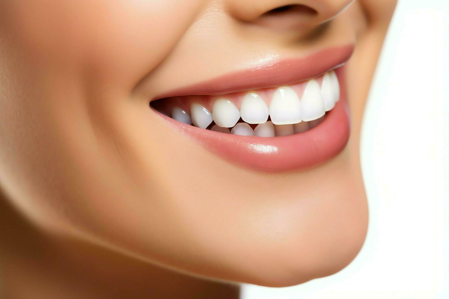 Perfect healthy teeth smile of a young woman at a dentist. Teeth whitening. Dental care, stomatology concept by AI Generated photo