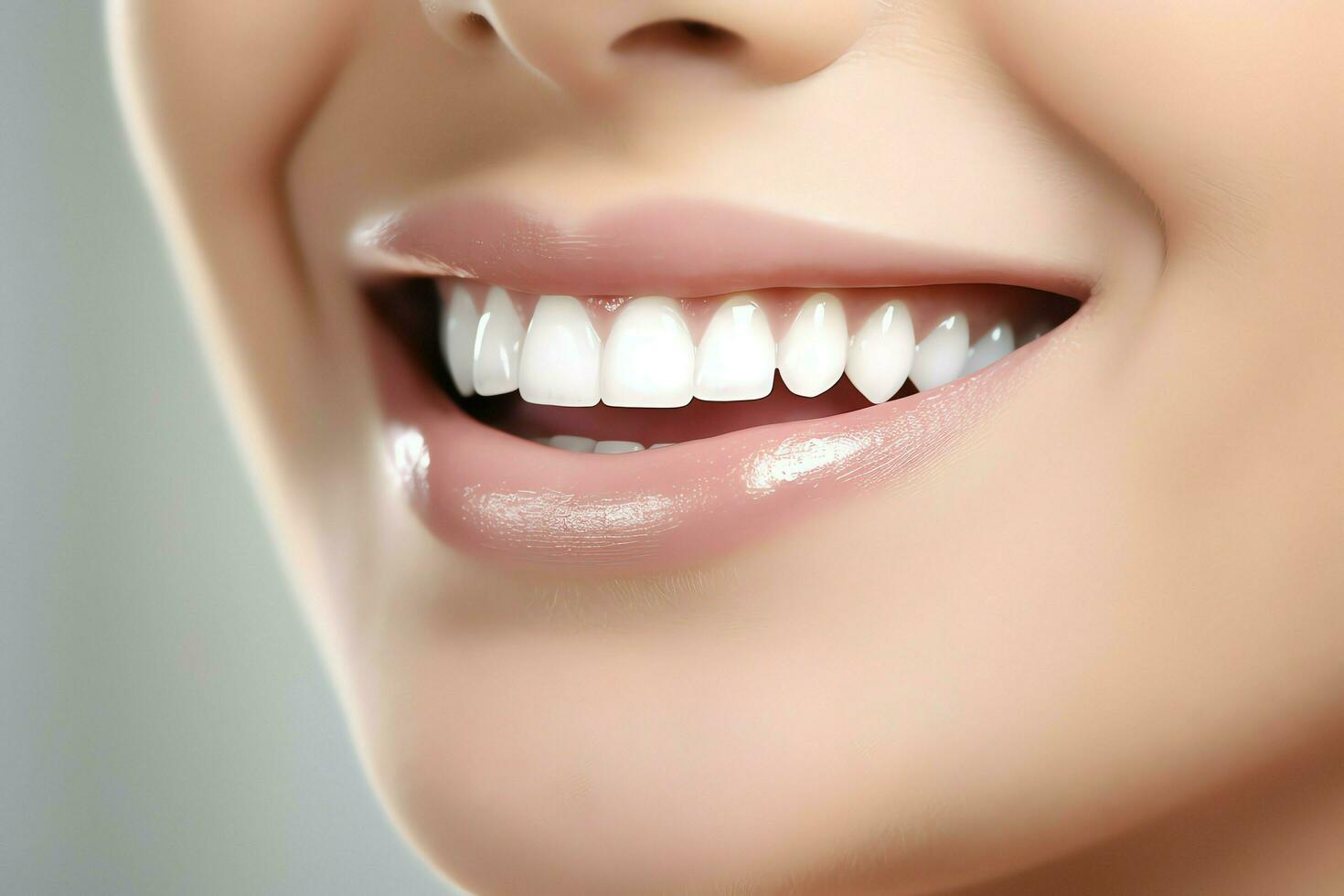 Perfect healthy teeth smile of a young woman at a dentist. Teeth whitening. Dental care, stomatology concept by AI Generated photo