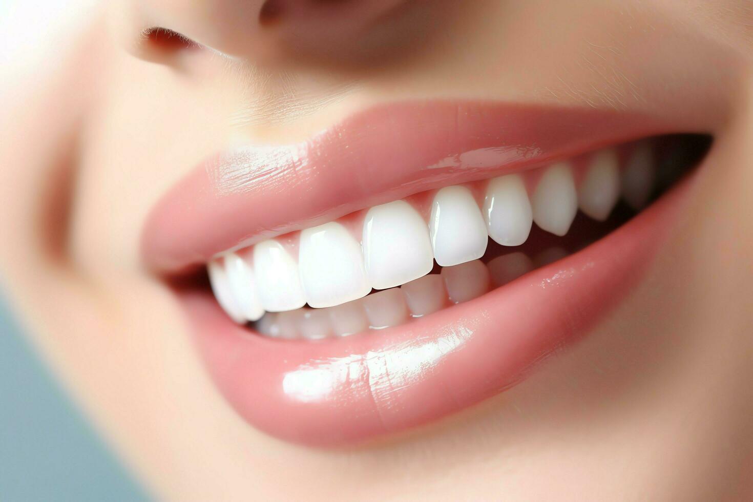 Perfecto sano dientes sonrisa de un joven mujer a un dentista. dientes blanqueo. dental cuidado, estomatología concepto por ai generado foto