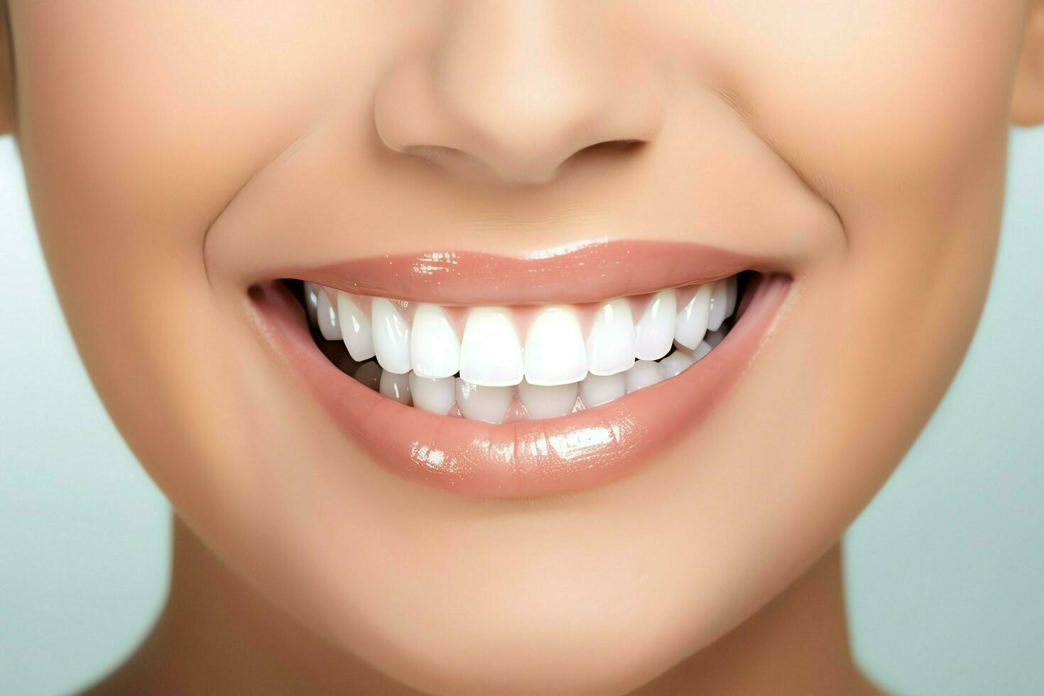 Perfect healthy teeth smile of a young woman at a dentist. Teeth whitening. Dental care, stomatology concept by AI Generated photo