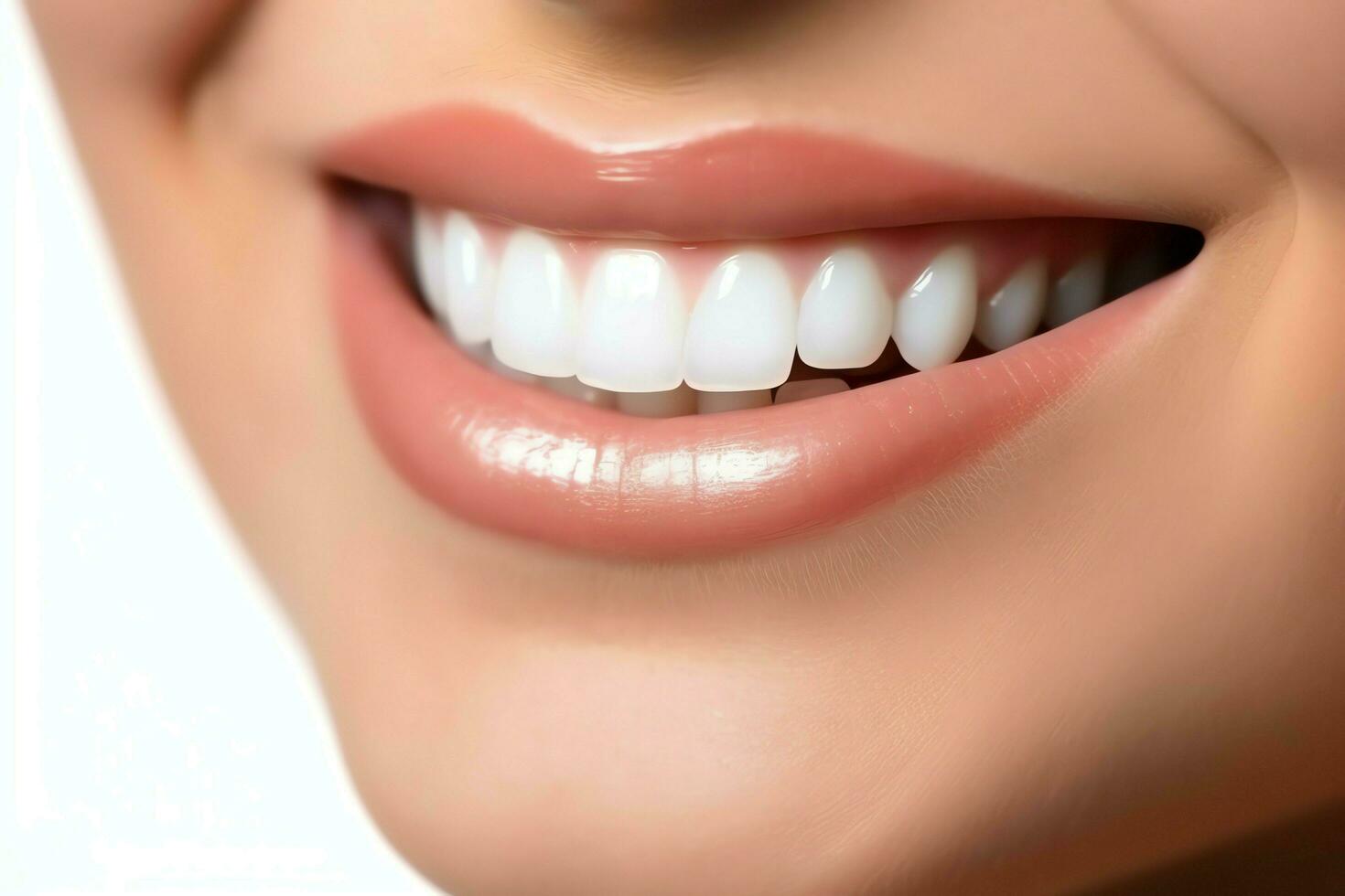 Perfect healthy teeth smile of a young woman at a dentist. Teeth whitening. Dental care, stomatology concept by AI Generated photo